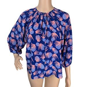 Tucker NYC 100% Silk Chiffon Blouse S Smocked Puff Sleeve Blue Pink Abstract